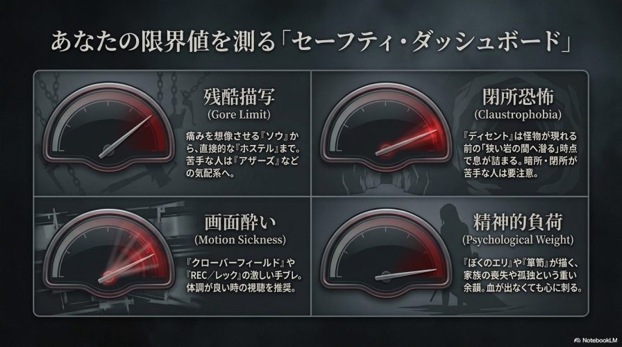 残酷描写、閉所恐怖、画面酔い、精神的負荷の4つの観点から、ホラー映画の限界値を測るダッシュボード画像。