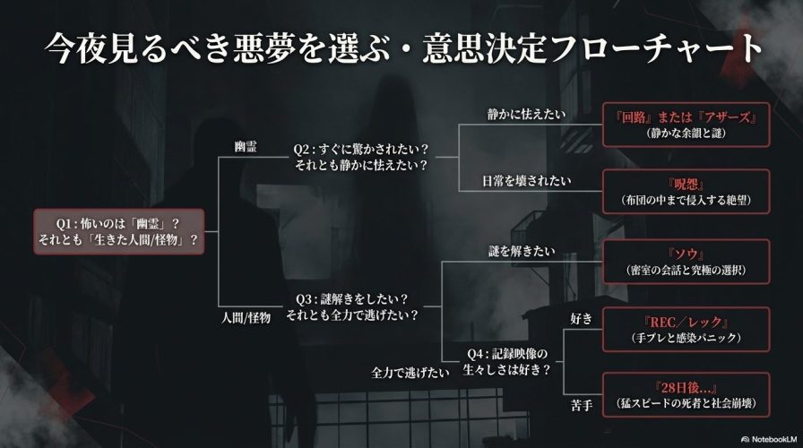 幽霊か人間か、驚かされたいかなど4つの質問から、視聴者におすすめのホラー作品を導き出すフローチャート画像。