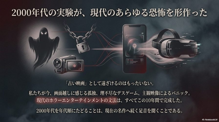 2000年代の実験が現代のあらゆるホラーエンターテインメントの文法を形作ったことをまとめたスライド。