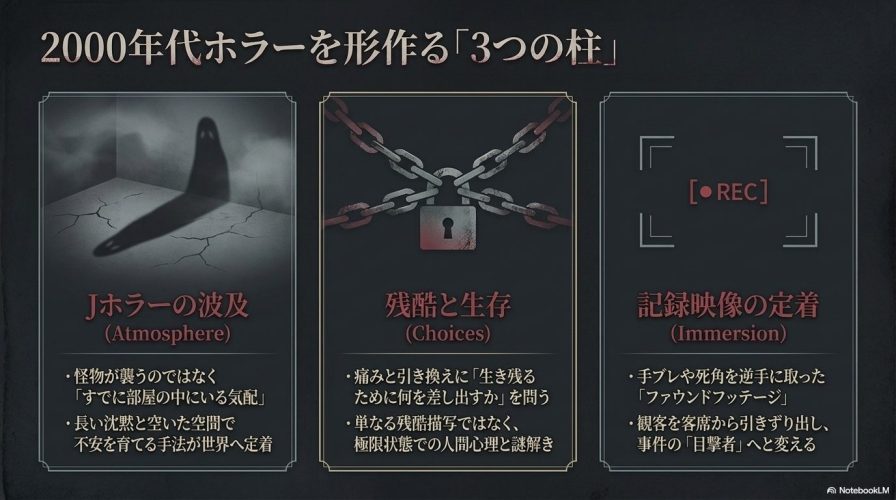 2000年代ホラーを形作る3つの柱である「Jホラーの波及」「残酷と生存」「記録映像の定着」を図解したスライド。