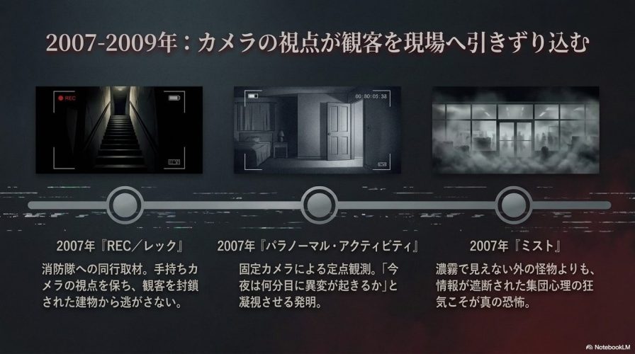 2007年から2009年の代表作である『REC/レック』『パラノーマル・アクティビティ』『ミスト』を紹介するスライド。