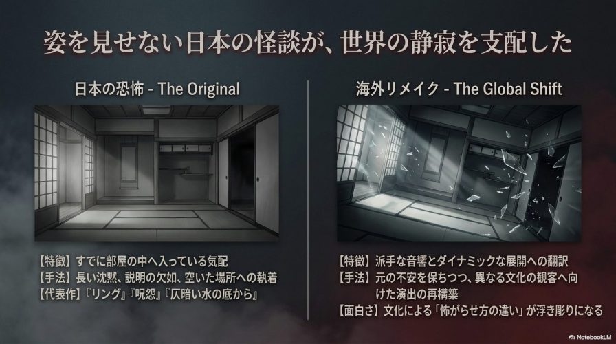 姿を見せない日本の恐怖(The Original)と、派手な音響を用いる海外リメイク(The Global Shift)の特徴を比較したスライド。