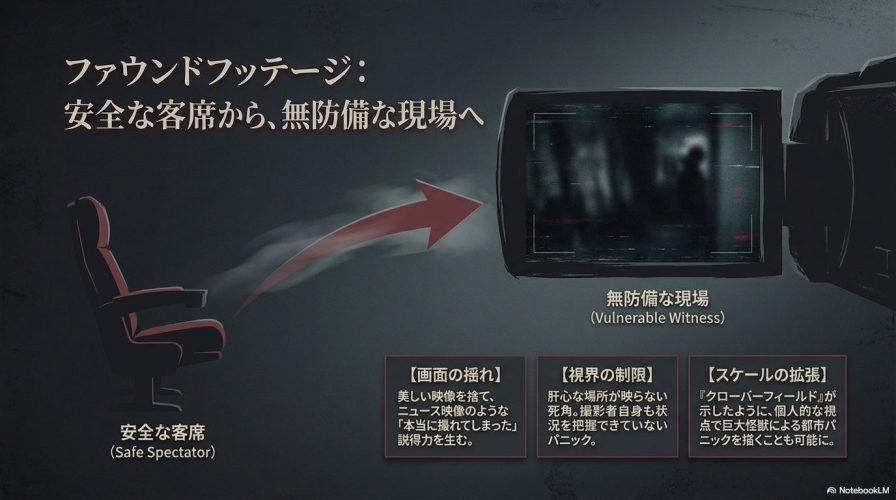 安全な客席から無防備な現場へ観客を引きずり込む、ファウンドフッテージの画面の揺れや死角の効果を解説したスライド。