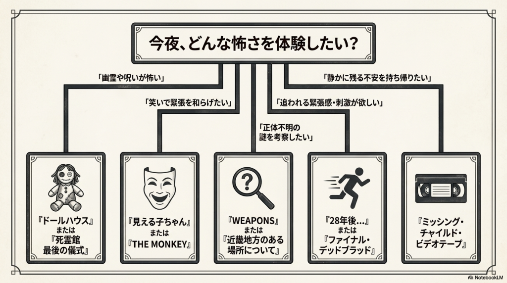 「幽霊や呪いが怖い」「笑いで緊張を和らげたい」など、ユーザーの好みに応じておすすめのホラー映画タイトルへ導くチャート型スライド。