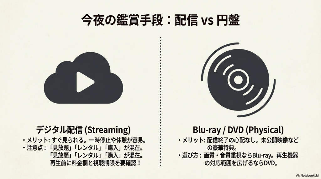 デジタル配信とBlu-ray、DVDそれぞれのメリットや注意点を比較したスライド。すぐ見られる配信と、配信終了の心配がない円盤の特徴が記載されている。