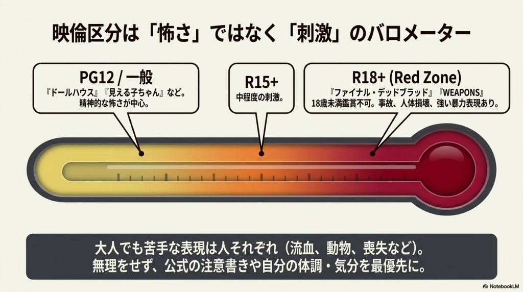 映倫区分(PG12、R15+、R18+)を怖さではなく刺激のバロメーターとして解説した温度計の図解スライド。