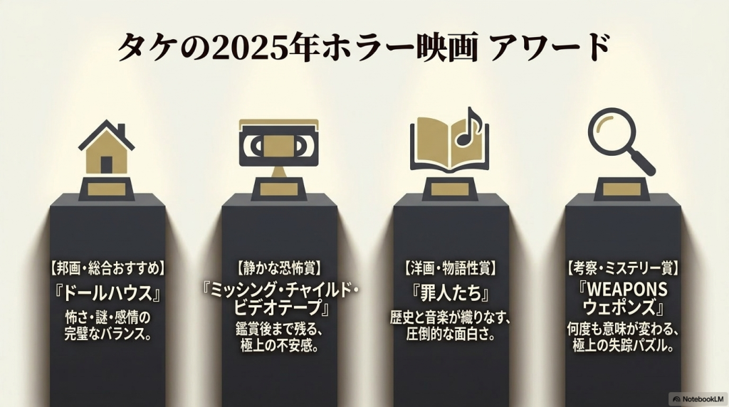 2025年ホラー映画のアワードとして、総合おすすめ、静かな恐怖賞、物語性賞、考察・ミステリー賞に選ばれた各作品名とその理由がまとめられたスライド。