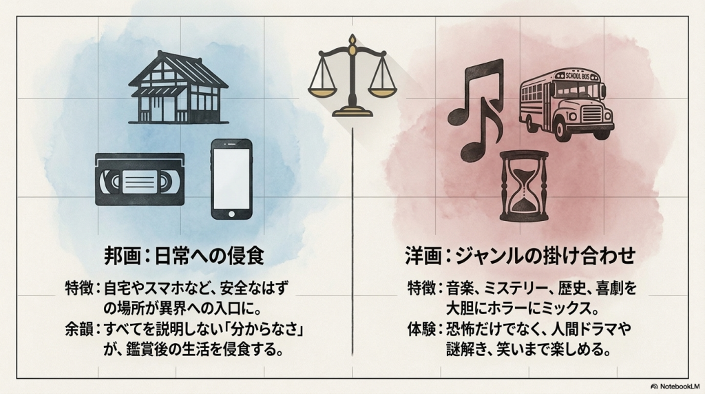 邦画は「日常への侵食」、洋画は「ジャンルの掛け合わせ」という特徴を比較したスライド。安全な場所が異界への入口になる邦画と、ミステリーや喜劇をミックスする洋画の違いがまとめられている。
