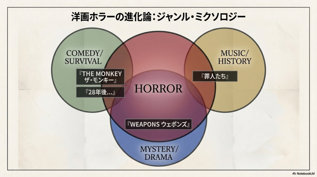 コメディ、サバイバル、ミステリー、歴史などのジャンルがホラーにどう掛け合わされているかを示した図解スライド。