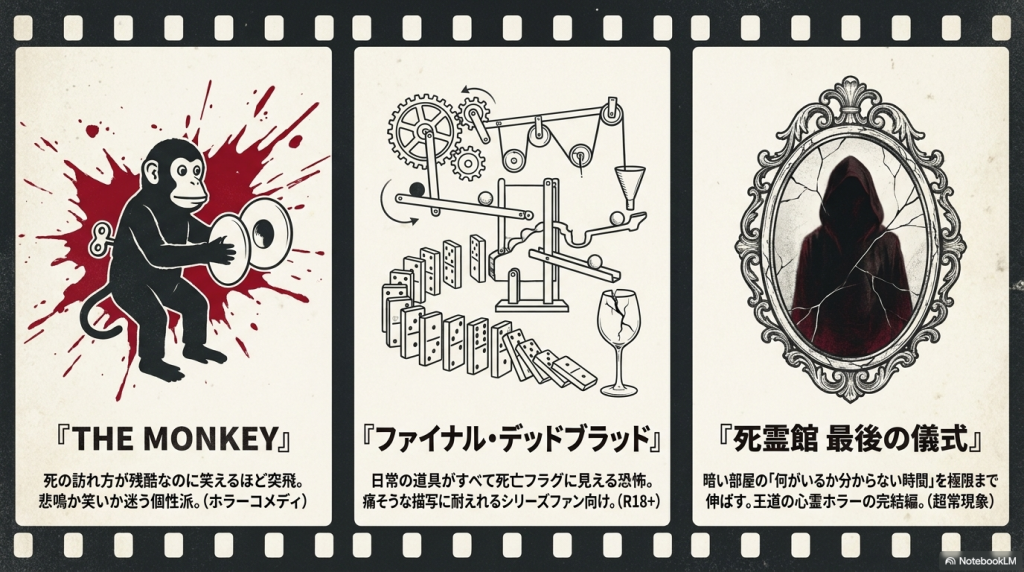 映画『THE MONKEY』『ファイナル・デッドブラッド』『死霊館 最後の儀式』の特徴をまとめたスライド。シンバルを叩く猿のおもちゃ、ドミノ倒しと割れるグラス、ひび割れた鏡のイラストが描かれている。