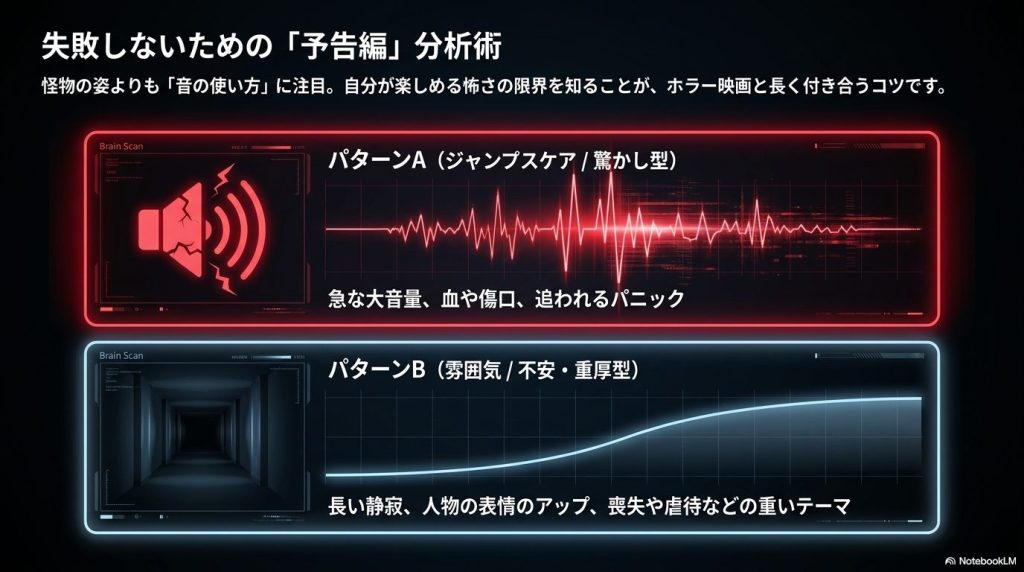 予告編の音や演出から「驚かし型（ジャンプスケア）」と「雰囲気（不安・重厚型）」を見分けるポイントを解説した図解スライド。