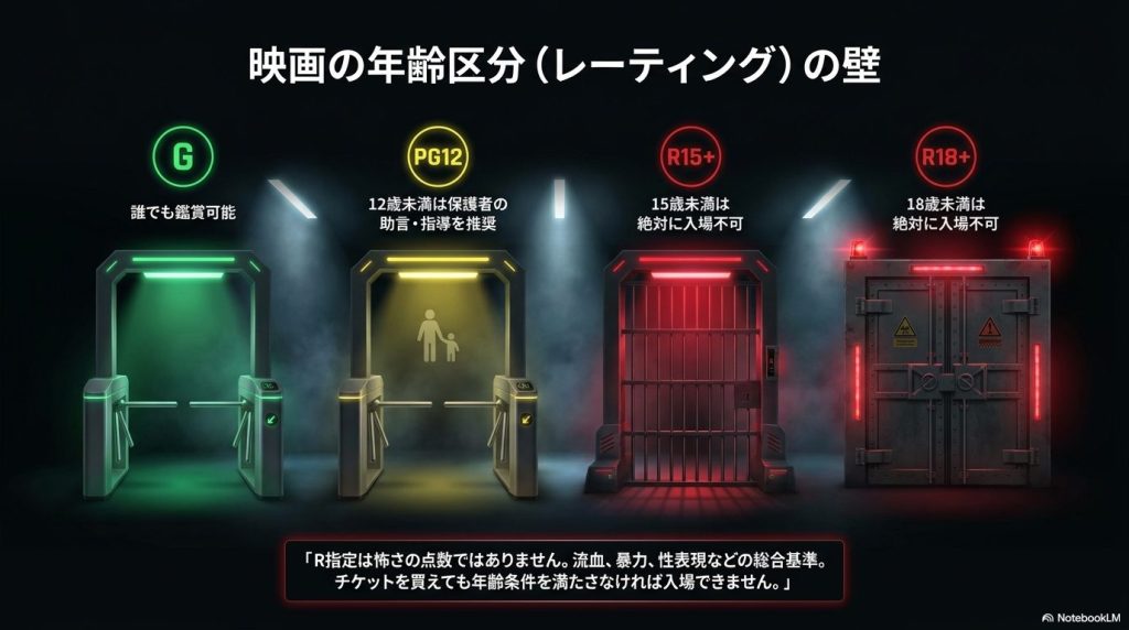 G、PG12、R15+、R18+の各レーティング規制と入場制限の違いを図解したイラスト画像。