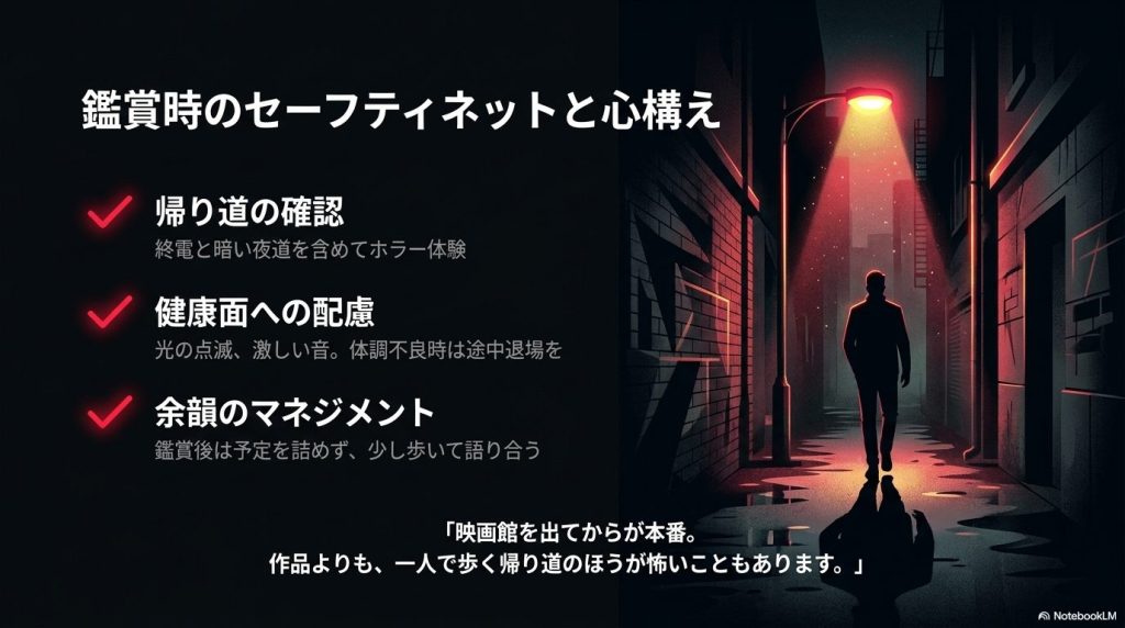 帰り道の確認、健康面への配慮、鑑賞後の余韻マネジメントなどホラー映画を安全に楽しむための心構えをまとめたスライド。