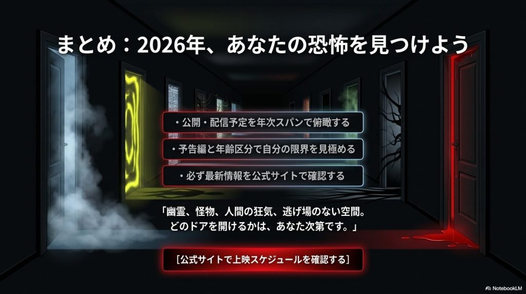 2026年ホラー映画の公開・配信予定の捉え方と、公式サイトでの最新情報確認を促すまとめスライド。