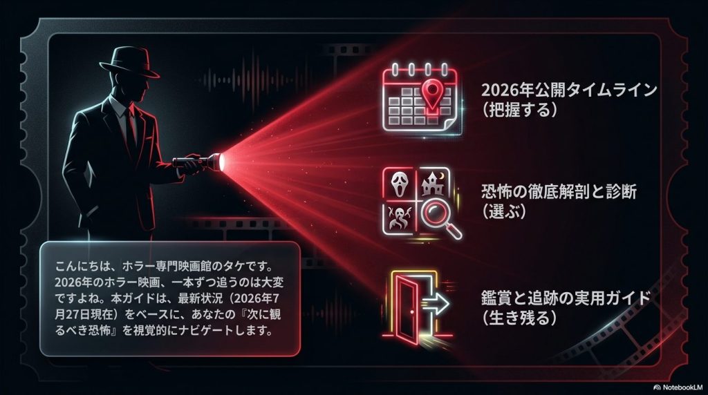 2026年1月から10月までの主要ホラー映画公開スケジュールを示すフィルム型タイムライン画像。