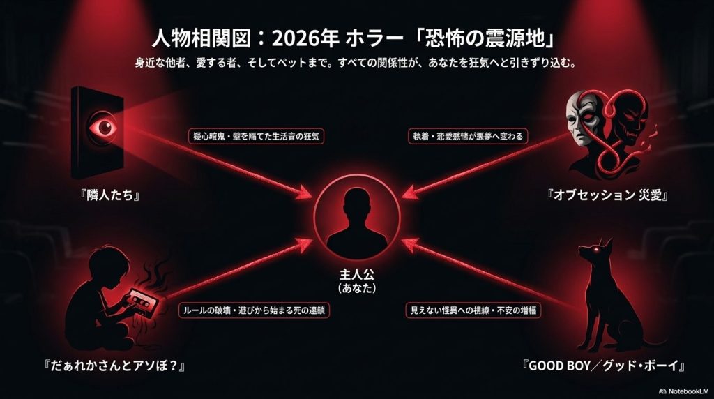 主人公を中心に『隣人たち』『だぁれかさんとアソぼ？』『オブセッション 災愛』『GOOD BOY』の恐怖要因を描いた相関図スライド。