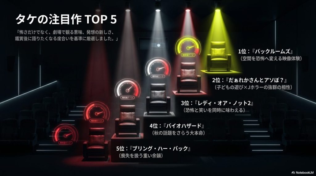 1位バックルームズ、2位だぁれかさんとアソぼ？など、タケが厳選した2026年注目ホラー映画TOP5のランキング画像。