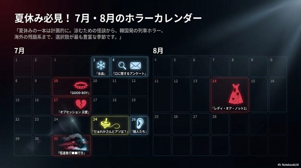 7月・8月に公開される『氷血』『GOOD BOY』『だぁれかさんとアソぼ？』『レディ・オア・ノット2』などの上映日をまとめたカレンダー画像。