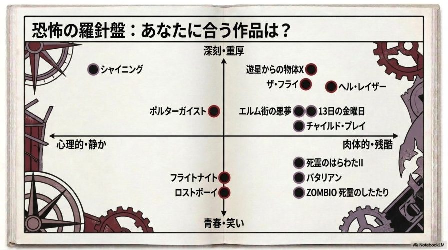 「深刻・重厚」から「青春・笑い」、「心理的・静か」から「肉体的・残酷」の2軸で、おすすめの80年代ホラー作品を配置したマトリックス図。