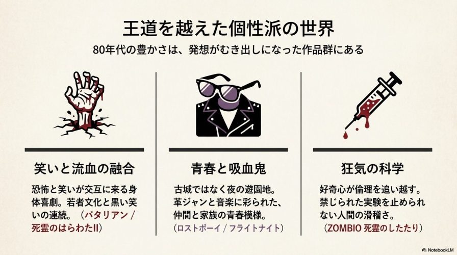 地面から突き出たゾンビの手、革ジャンとサングラス、血の入った注射器のイラストと、80年代の個性派ホラーの魅力を紹介するテキスト。
