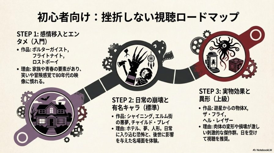 不気味な家のイラストと共に、「STEP1:感情移入とエンタメ」「STEP2:日常の崩壊と有名キャラ」「STEP3:実物効果と異形」の3ステップで視聴順を提案するロードマップ。 