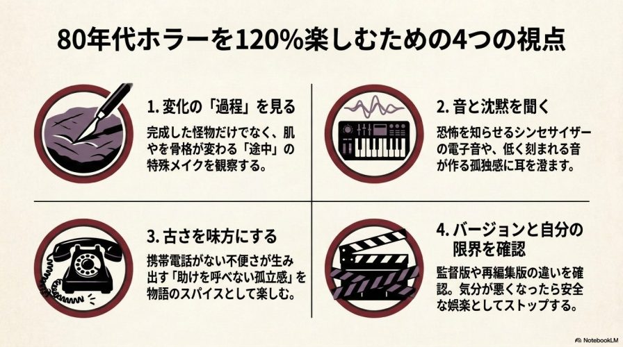 メス、シンセサイザー、黒電話、カチンコのアイコンと、「変化の過程を見る」「音と沈黙を聞く」「古さを味方にする」「バージョンと自分の限界を確認」という4つの視点の解説。