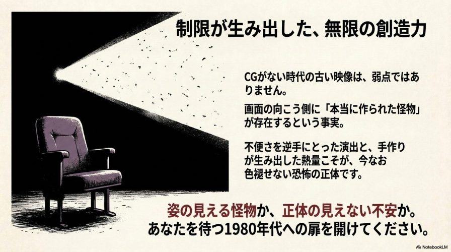 「制限が生み出した、無限の創造力」というメッセージと共に、CGがない時代の不便さや手作りが生み出した熱量こそが色褪せない恐怖の正体であると締めくくるスライド。 