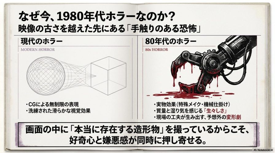 現代ホラーと80年代ホラーの違いを比較した図解。血の滴る機械仕掛けのアームのイラストと共に、CG以前の実物効果による「生々しさ」を解説している。
