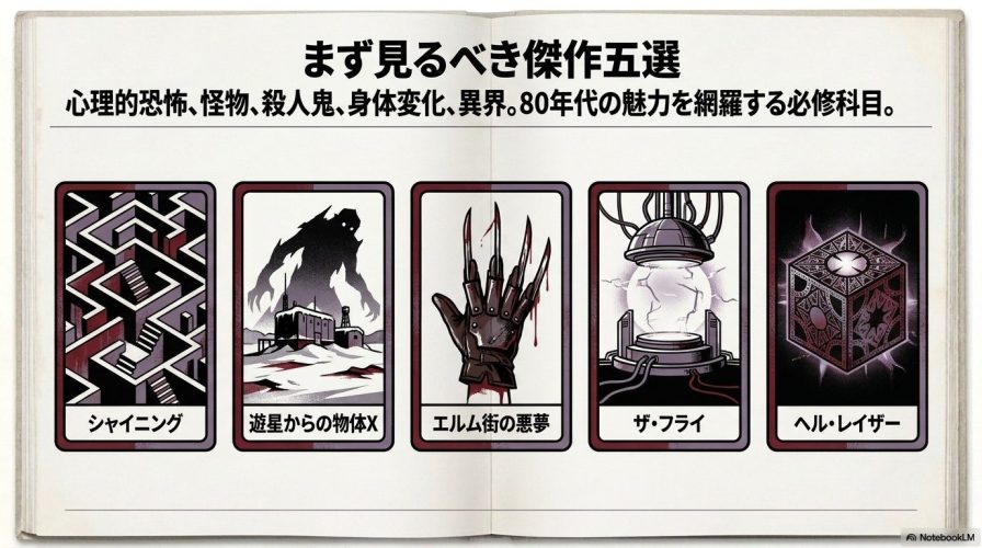 「シャイニング」「遊星からの物体X」「エルム街の悪夢」「ザ・フライ」「ヘル・レイザー」を象徴するアイコンが並んだ、傑作五選の紹介スライド。