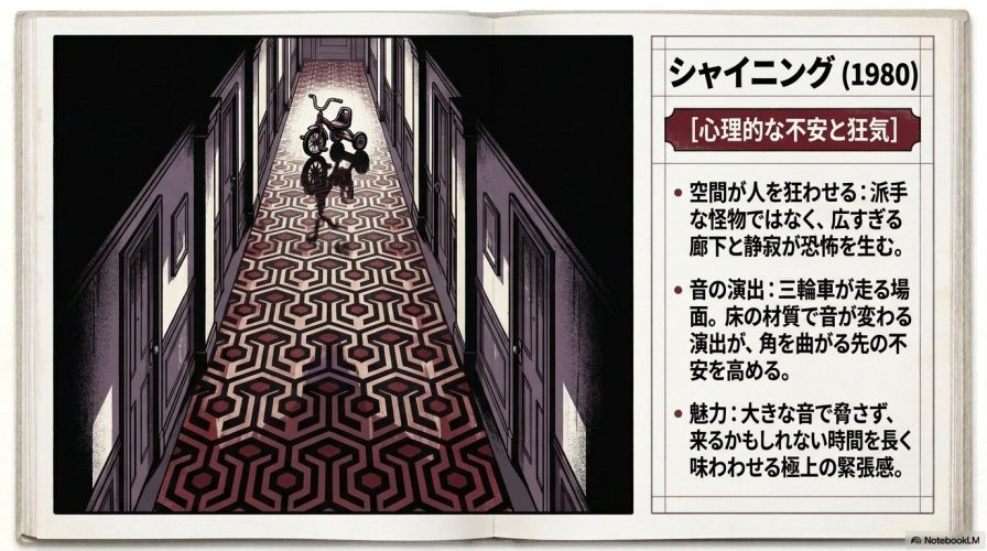 幾何学模様の絨毯が敷かれた不気味な廊下に三輪車が置かれたイラストと、『シャイニング』の心理的な不安と狂気を解説するテキスト。