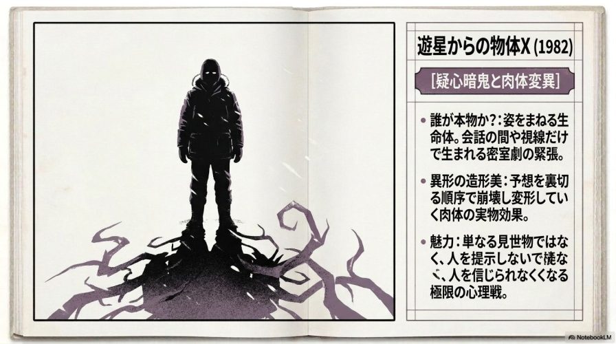 雪原の基地に立つ人物と背後にそびえる巨大な影のイラスト。『遊星からの物体X』の疑心暗鬼と肉体変異を解説するテキスト。