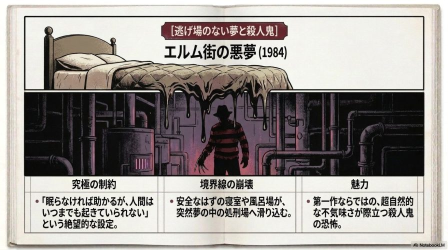 鋭い刃がついた手袋のイラストと、『エルム街の悪夢』の逃げ場のない夢の設定を解説するテキスト
