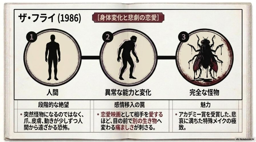 物質転送装置とハエのシルエットのイラスト。『ザ・フライ』の身体変化と悲劇の恋愛を解説するテキスト。