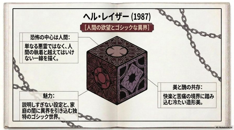 謎のからくり箱（ルマルシャンの箱）のイラストと、『ヘル・レイザー』の人間の欲望とゴシックな異界を解説するテキスト。