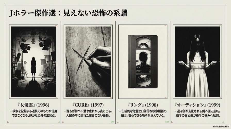 『女優霊』『CURE』『リング』『オーディション』の4作品のタイトルと見どころをまとめた、見えない恐怖の系譜を示すスライド。
