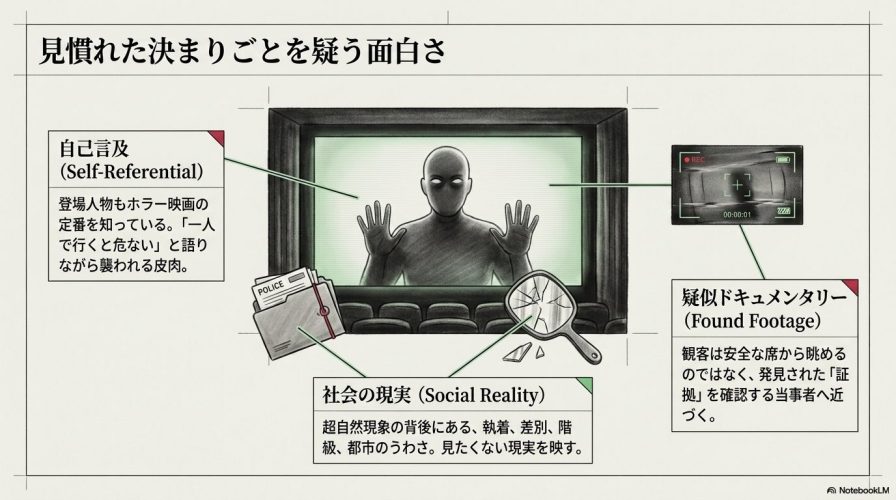 自己言及、社会の現実、疑似ドキュメンタリーといった、90年代洋画ホラーで見慣れた決まりごとを疑う面白さを解説した図解。