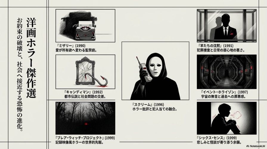 『ミザリー』『羊たちの沈黙』『キャンディマン』『ブレア・ウィッチ・プロジェクト』『スクリーム』『イベント・ホライゾン』『シックス・センス』の7作品をまとめたスライド。
