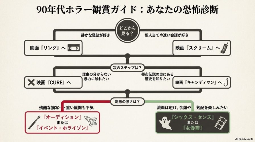 恐怖の好み(静かな怪談が好きか、犯人当てが好きかなど)に合わせて、次に見るべきおすすめのホラー映画を提案するフローチャート。