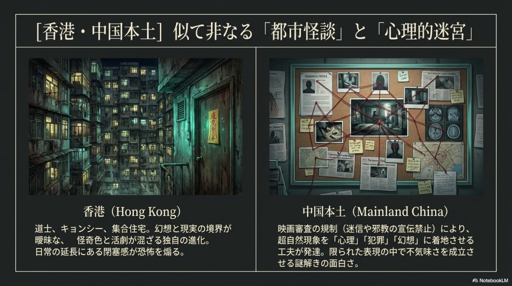 似て非なる「都市怪談」と「心理的迷宮」を描く香港・中国本土ホラーの解説。