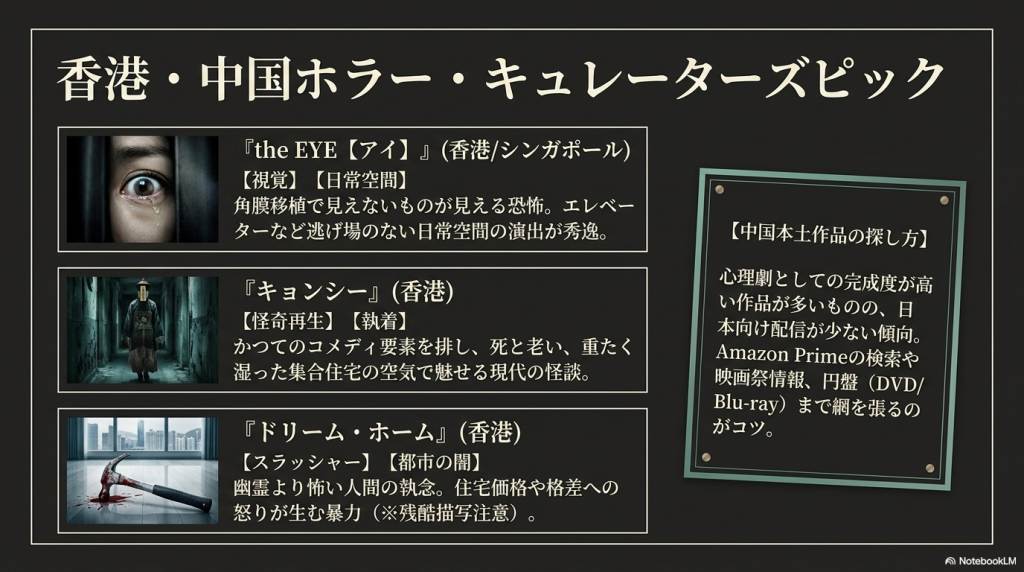 『the EYE【アイ】』『キョンシー』『ドリーム・ホーム』など香港・中国ホラーの代表作と探し方のコツ。