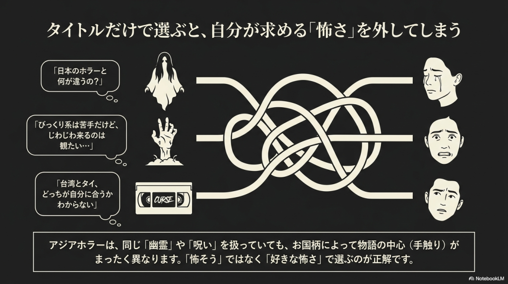 「日本のホラーと何が違うの？」「びっくり系は苦手」など、ホラー映画選びの悩みを表した図解。