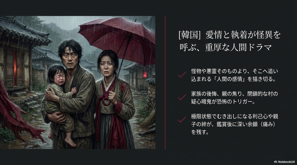愛情と執着が怪異を呼ぶ、重厚な人間ドラマを特徴とする韓国ホラーの解説。