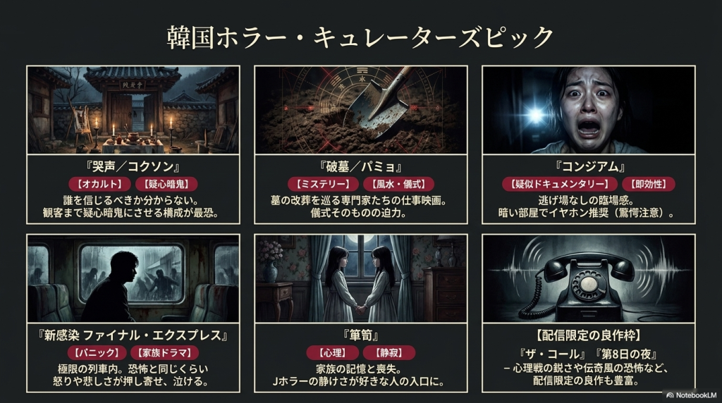 『哭声／コクソン』『破墓／パミョ』『コンジアム』『新感染』『箪笥』など韓国ホラーの代表作の紹介。
