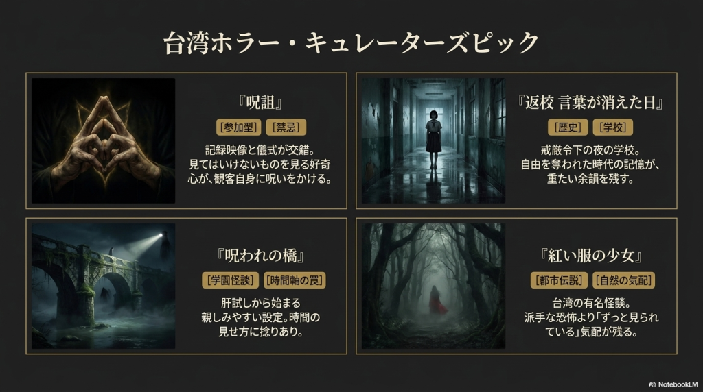 『呪詛』『返校』『呪われの橋』『紅い服の少女』など台湾ホラーの代表作の紹介。