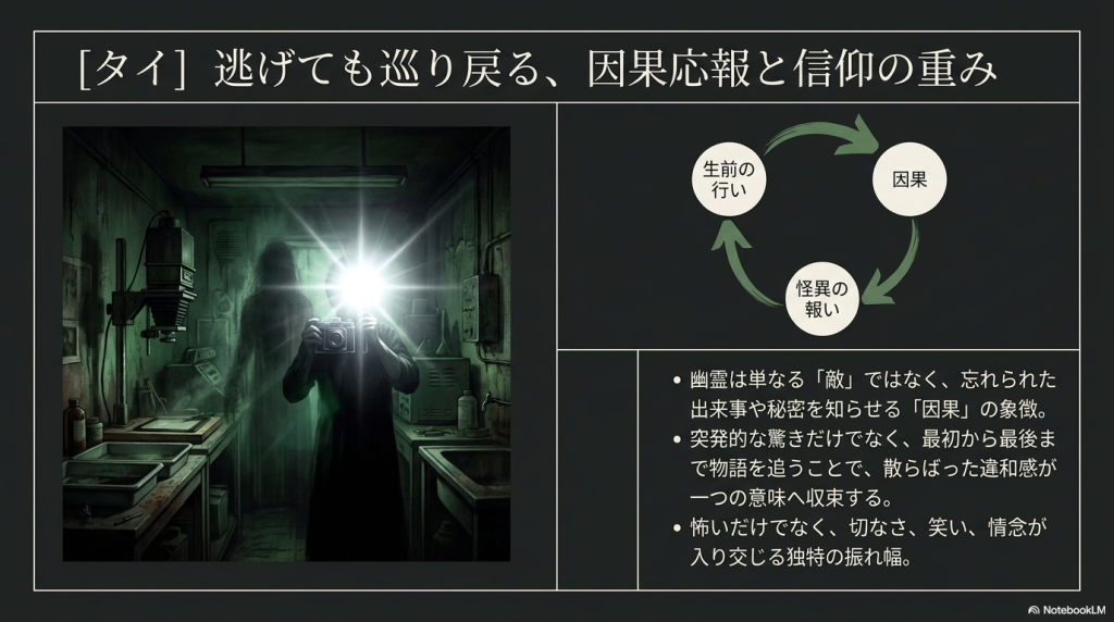 逃げても巡り戻る、因果応報と信仰の重みをテーマにしたタイホラーの解説。