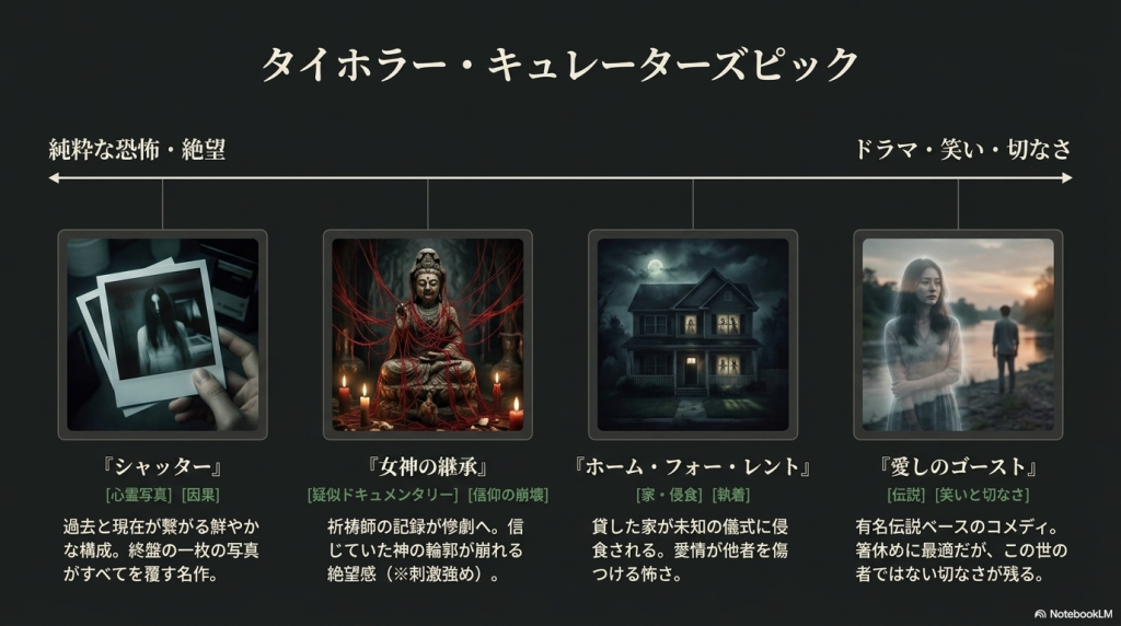 『シャッター』『女神の継承』『ホーム・フォー・レント』『愛しのゴースト』などタイホラーの代表作の紹介。