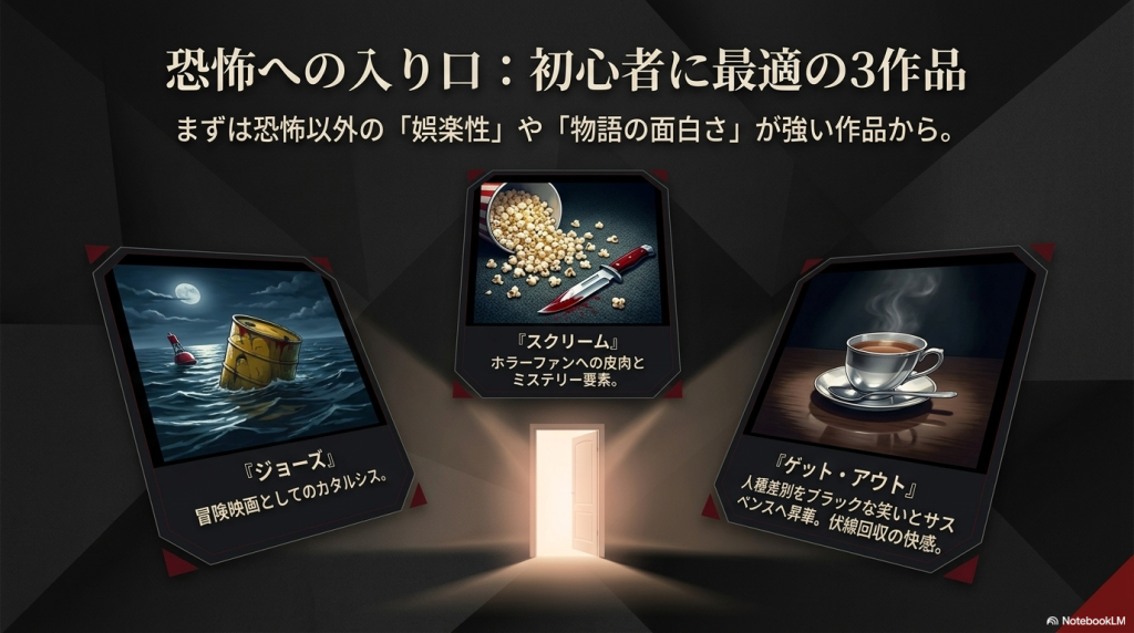 恐怖への入り口：初心者に最適の3作品。ジョーズ、スクリーム、ゲット・アウトの紹介。