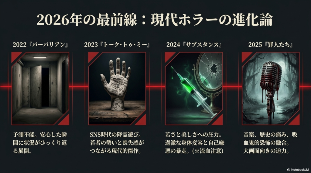 2026年の最前線：現代ホラーの進化論。バーバリアン、トーク・トゥ・ミー、サブスタンス、罪人たちの特徴。