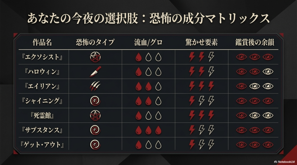 あなたの今夜の選択肢：恐怖の成分マトリックス。エクソシスト、ハロウィン、エイリアンなどの作品を「流血/グロ」「驚かせ要素」「鑑賞後の余韻」で評価した表。