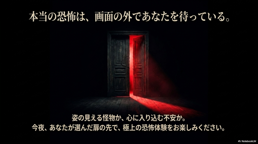 本当の恐怖は、画面の外であなたを待っている。姿の見える怪物か、心に入り込む不安か。今夜、あなたが選んだ扉の先で、極上の恐怖体験をお楽しみください。